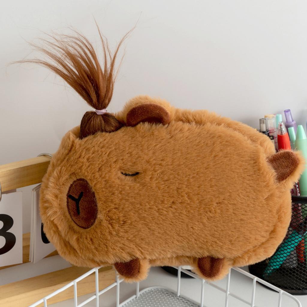 Cute Capybara Plush Pencil Case Large Capacity Spiky Hair Zipper Pen Pouch For Teens Students School Travel Makeup Storage Bag
