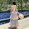Bohemian Hollow Out Spaghetti-Strap Tiered Maxi Dress for Women Summer Sleeveless Backless Tie Up Slim Printed Beach Dress
