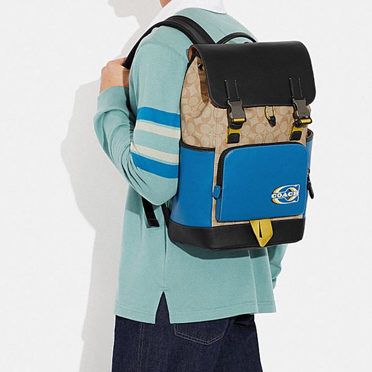 Coach Track Color Block Classic Logo Print Fabric Backpack Large Men Backpack Blue Black CH116-QBVFG