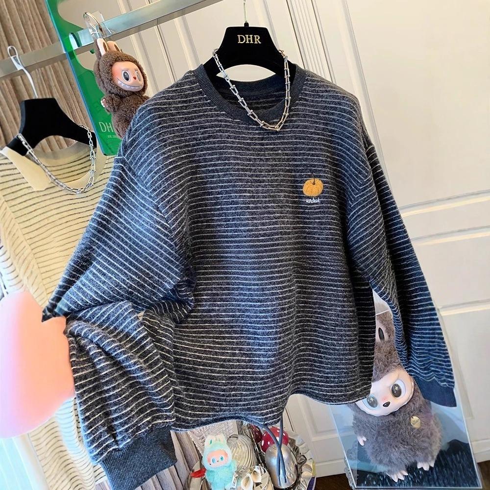 

Полосатая футболка с длинным рукавом большого размера с вышитым тыквенным дизайном для женского осеннего свободного верха 4XL серый