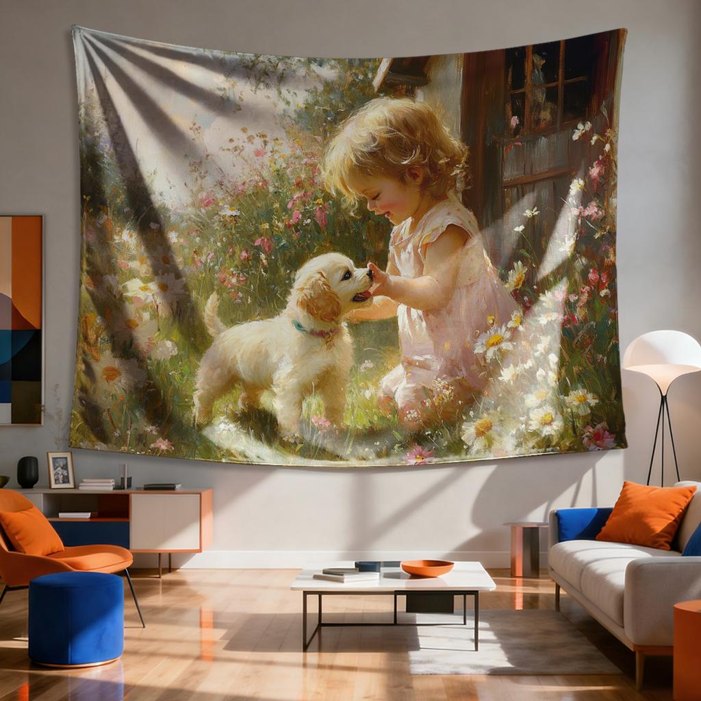 Oil Painting Style Girl and Puppy Tapestry Vintage Garden Flower Wall Hanging Warm Aesthetic Decor for Bedroom Living Room