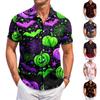 Men Fashion Casual Halloween Printed Short Sleeve Shirt Button Down Collared Top Flame Pumpkin Pattern Relaxed Fit Lightweight Material