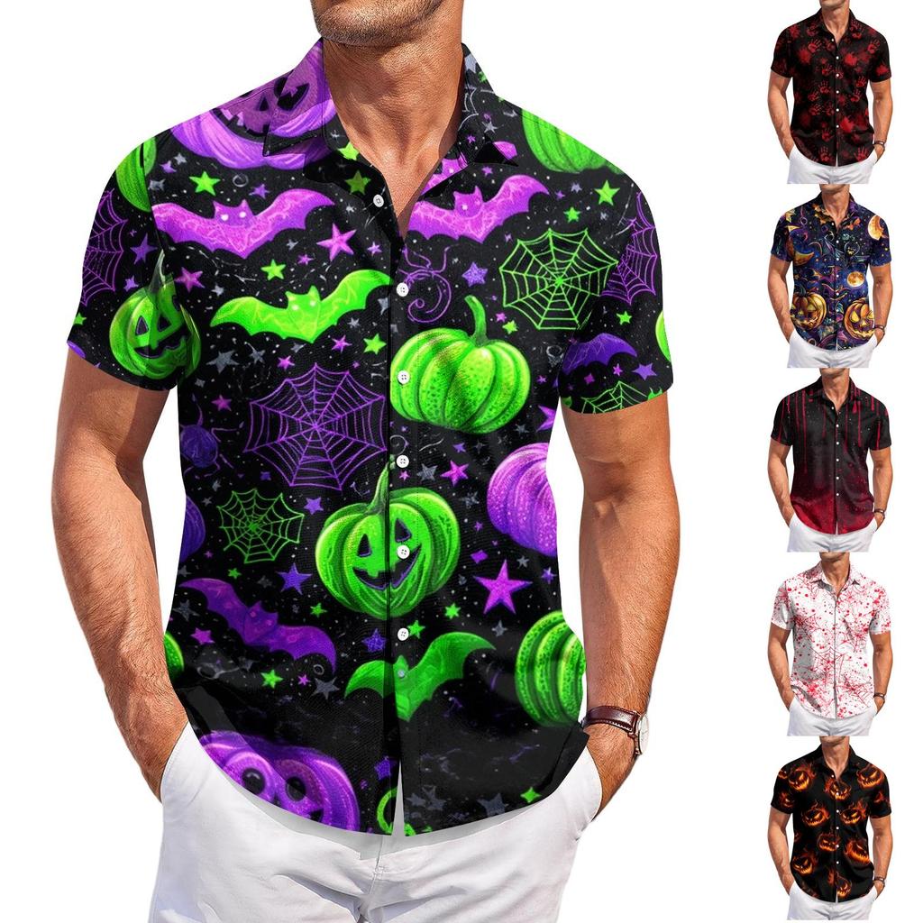 Men Fashion Casual Halloween Printed Short Sleeve Shirt Button Down Collared Top Flame Pumpkin Pattern Relaxed Fit Lightweight Material