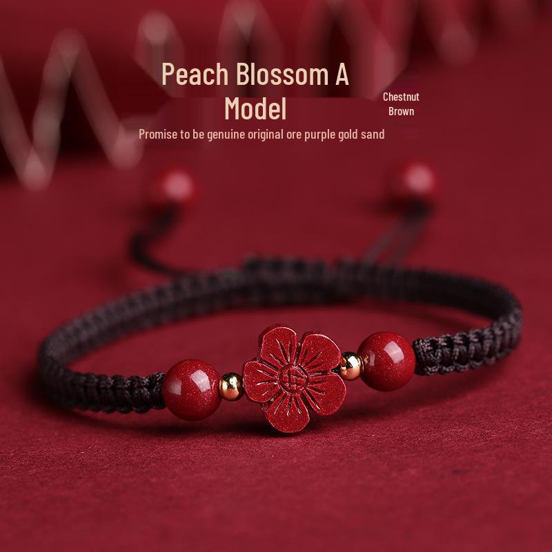 Authentic Cinnabar Four-Leaf Clover Bracelet with Purple Gold Sand and Red Rope for Women and Children