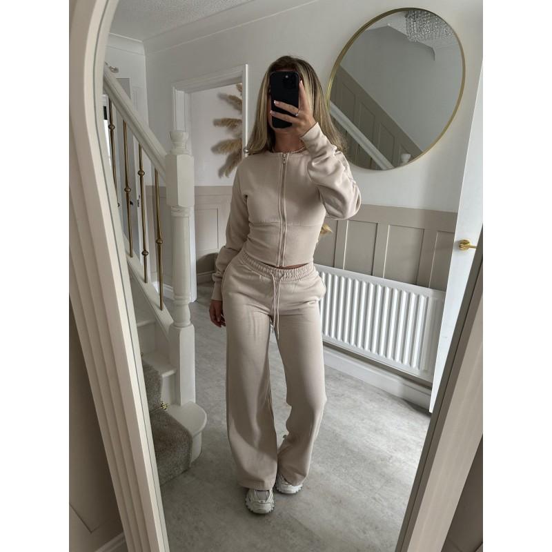 Womens Winter Casual Two-Piece Set Solid Color Zip-Up Top Straight Leg Pants Streetwear Outfit