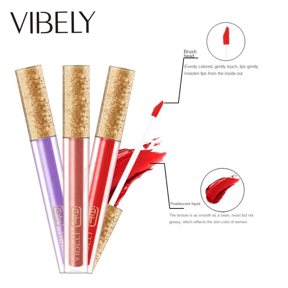 VIBELY 15 Color Does Not Take Off Makeup, Red Beads, Light Flashing Lip Glaze Makeup