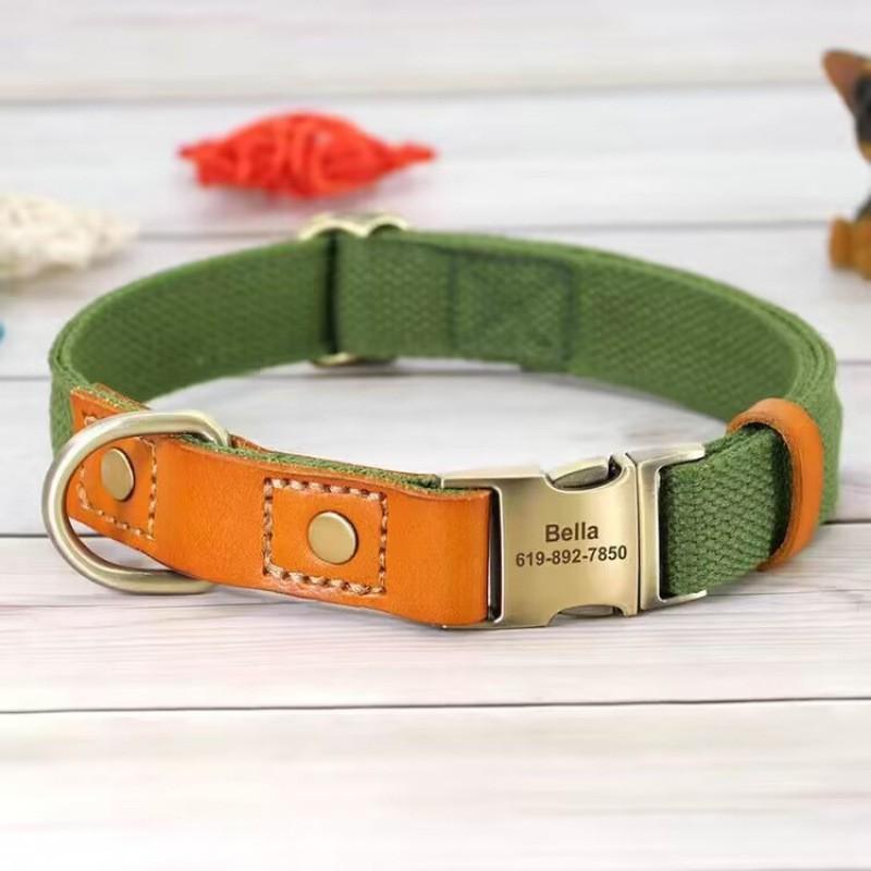 Adjustable Leather Dog Collar With Engraving Medium Large Dogs Comfortable Durable Canvas Reinforced Neck Strap