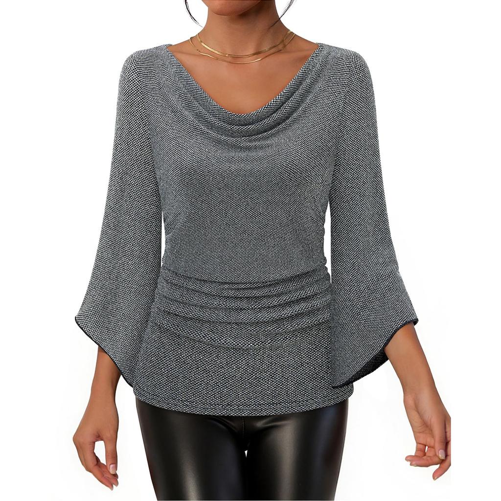 Women's Fashionable Solid Color Round Neck 3/4 Sleeves Shiny Slim Fit Shirt Top