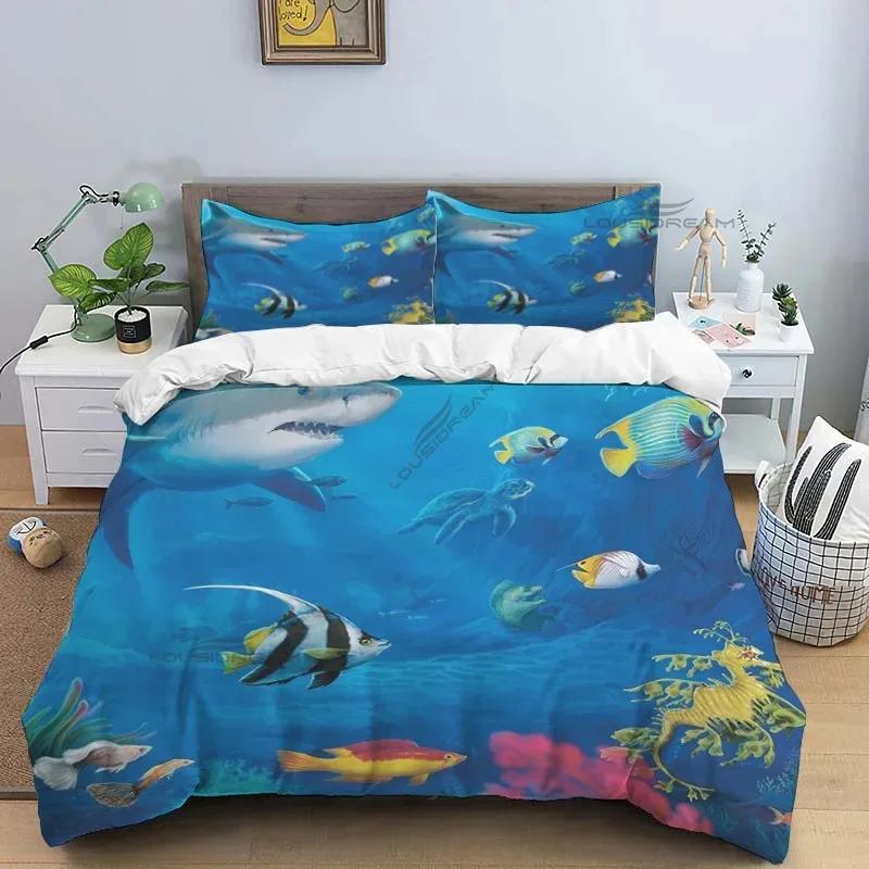Ocean World Marine Life Art Pattern Comforter Bedding Set,Duvet Cover Bed Set Quilt Cover Pillowcase,King Queen Size Bedding Set