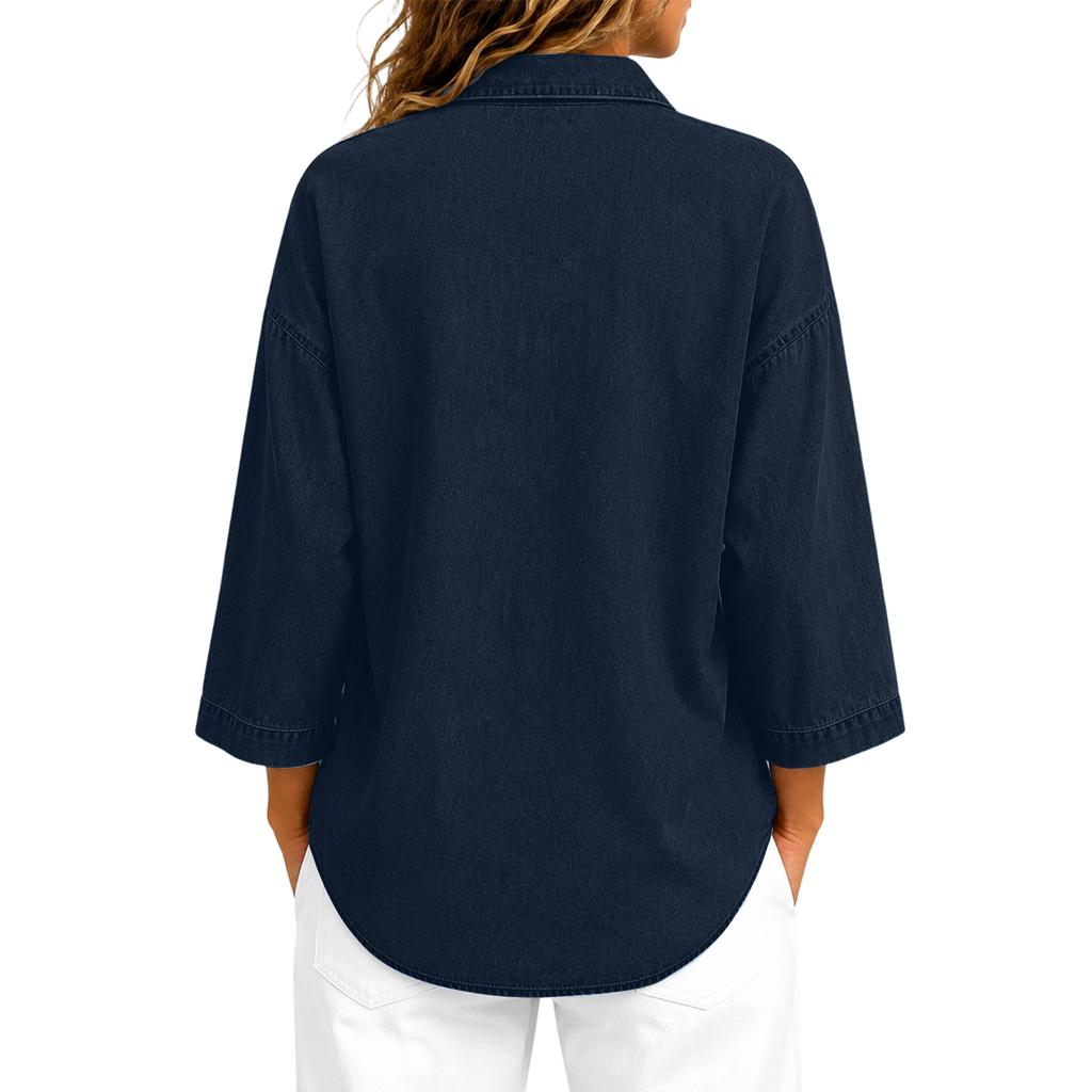 Women's Loose Fit Denim- Button Top with Three-Quarter Sleeves for Casual Everyday Wear
