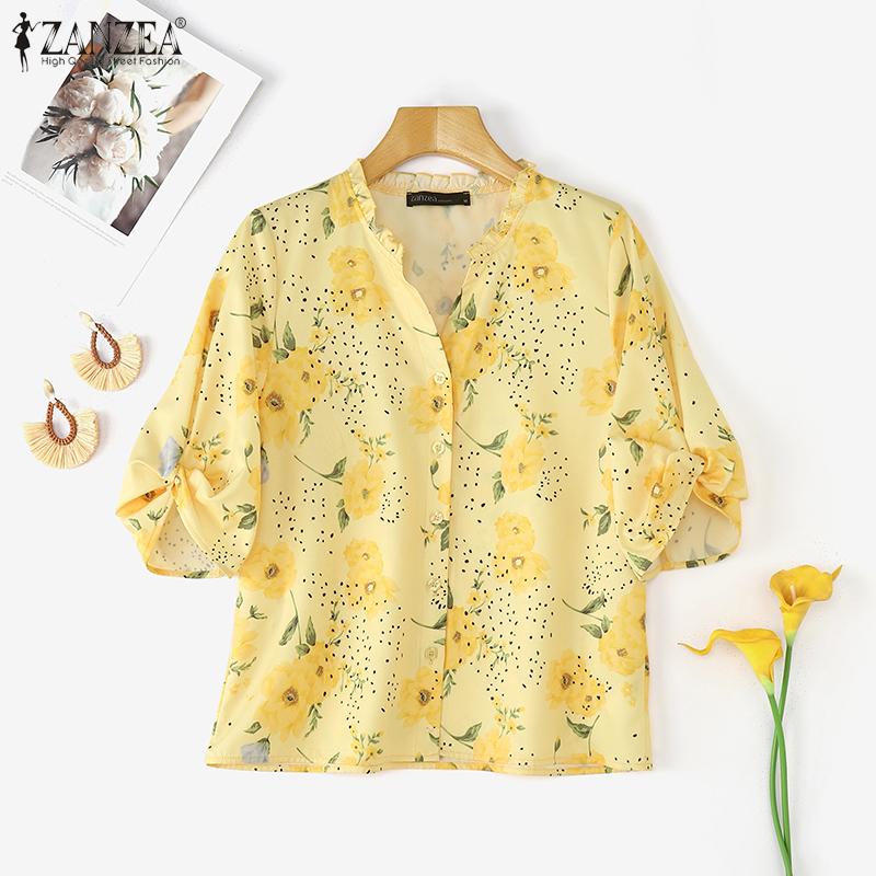ZANZEA Women Casual V-Neck Summer 3/4 Sleeve Floral Print Blouse