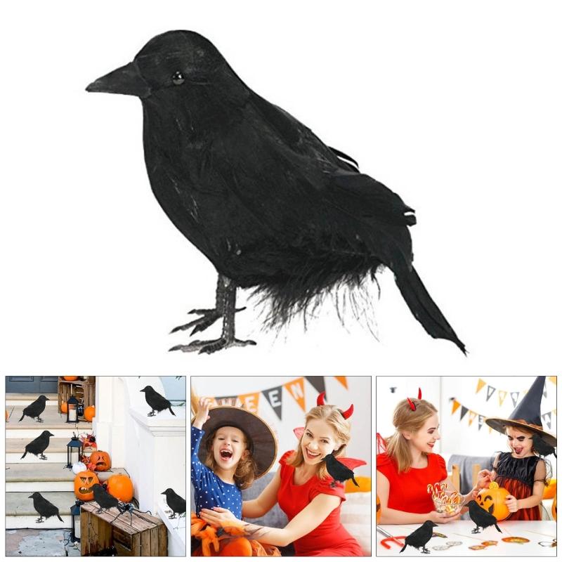Realistic Feathered Crow Eerie Artificial Corbie Bird for Party Accessories Frightening Indoor Outdoor Decoration Jewelry
