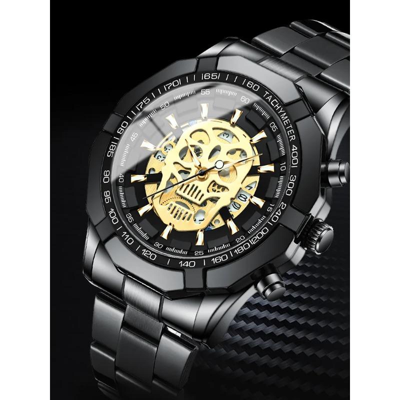 Brand Men Watch Trendy High Quality Stainless Steel Luminous Skull Hollow Waterproof Male Fashion Quartz Clock Wristwatch Gift