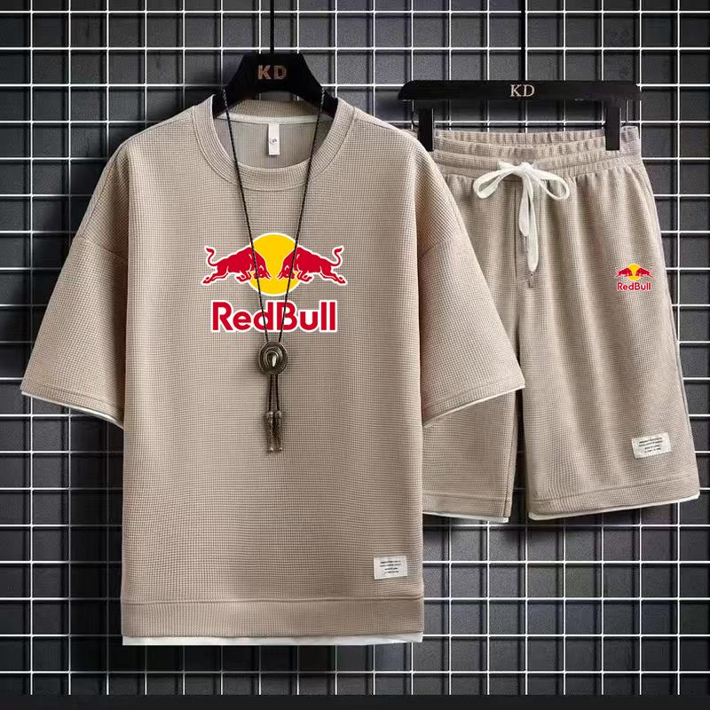 2026 Men's Summer New Style Waffle Short Sleeve Shorts Red Bull Printed Set