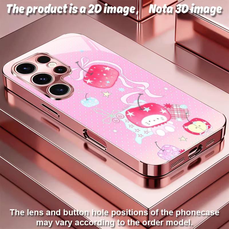 2DFlat Samsung electroplated tempered glass phone case,Cute Apple Design with Stars and RibbonsSuitable for Galaxy S26 S23 S24FE S25ULTRA S22 S21