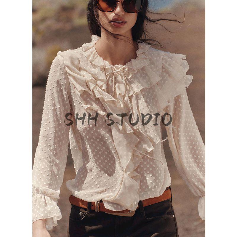 Spring New Women's Clothing Minimalist Round Neck Laminated Decoration French Tulle Long Sleeve Shirt Top 2275713