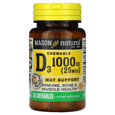 Vitamina D3, Melocotón y Vainilla, 25Mcg (1,000 UI), 50 Comprimidos Masticables