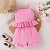 Girls Fashion Set Summer Kids Casual Halter Colored Knitted Embroidery Top + Lace Shorts Set