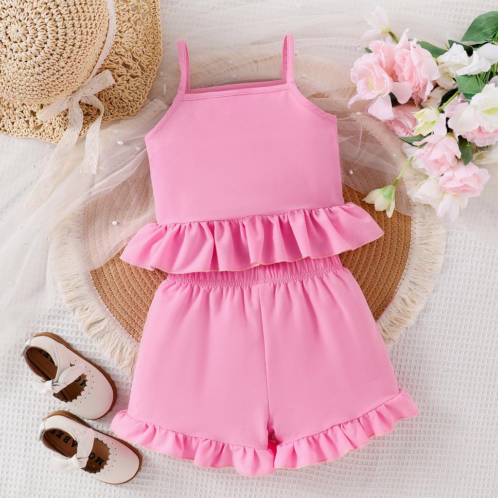 Girls Fashion Set Summer Kids Casual Halter Colored Knitted Embroidery Top + Lace Shorts Set