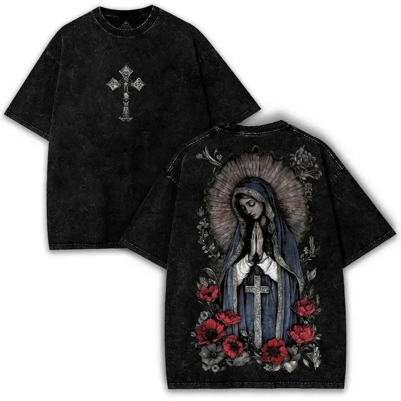 Men's Gothic Graphic T-Shirt, Heavyweight Acid Wash Vintage Virgin Mary Print