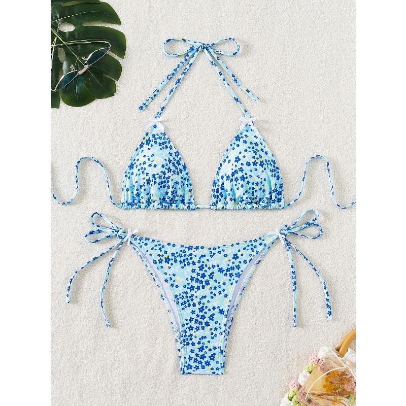 Women's Sexy Slim Fit Bikini Set, Tropical Print Halter Lace-up Triangle Swimsuit