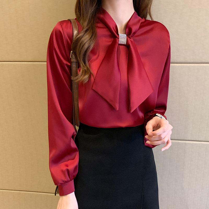 

Korean Spring and Autumn New Work Clothing Ol White Bow Collar Temperament Wild Slim Looking Long Sleeve Shirt Top Shirt Burgundy M