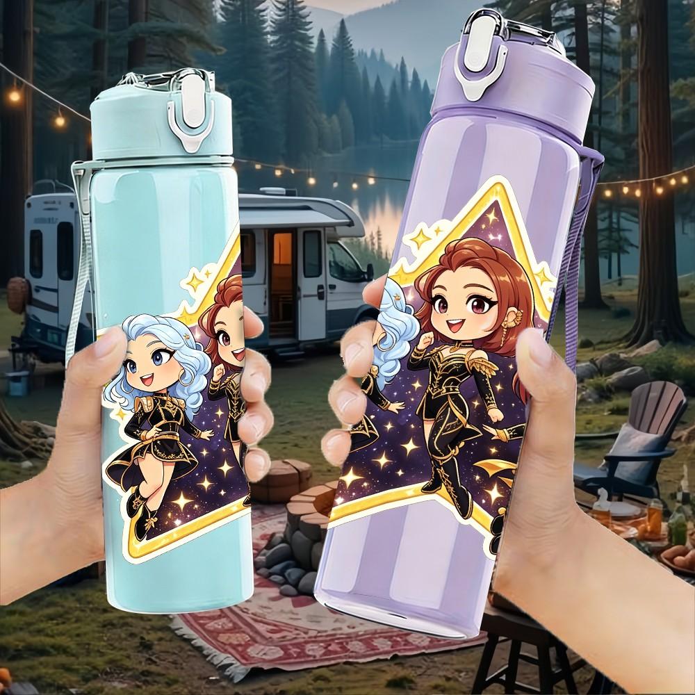 1PC Star Frame Chibi Character Group 750ml Color Plastic Sports Water Bottle Leakproof Flip Straw Lid For Sports Office Home Use