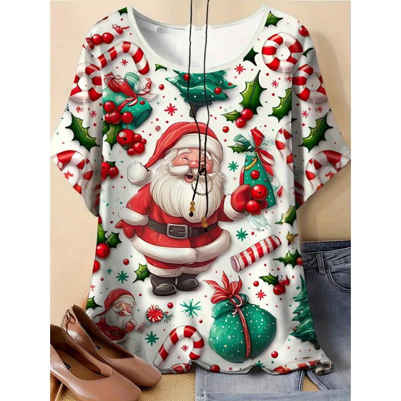 

Women S Santa Claus Print T-Shirt Breathable Round Neck Short Sleeve Summer Top with Candy Cane Snowflake Design Y2k Clothes Top XS