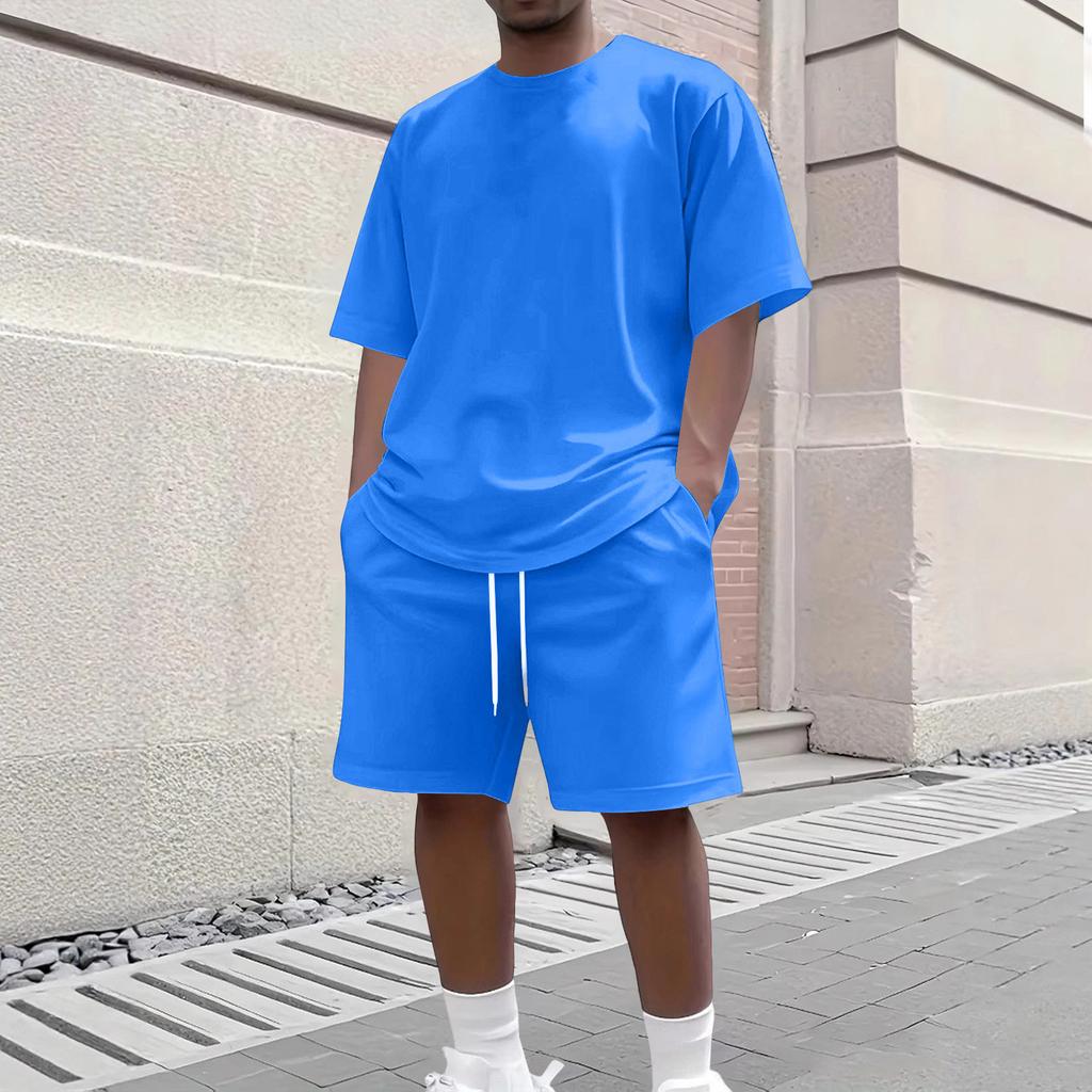 Men's Summer Casual 2-Piece Outfit Round Men's Neck Short Sleeve Tee Shorts Set