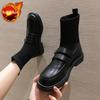 Women's Black Round Toe Loafers 2025 Autumn Winter Knit Elastic Socks Boots Retro Fashion Casual Comfortable Ankle