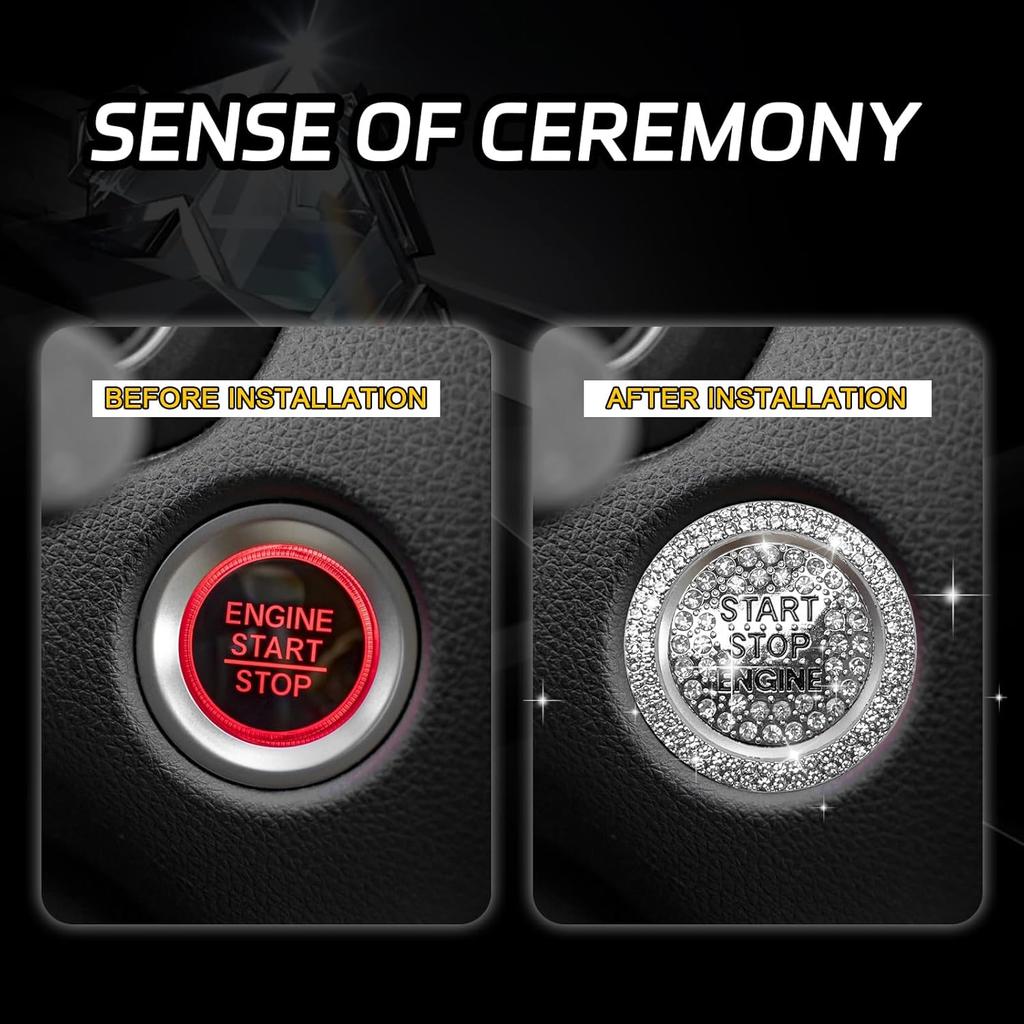 2 PCS Push Start Button Cover, Bling Car Accessories for Women Girls, Bling Car One-Button Start Buttons Bezel Decoration Kit, Push Start Buttons