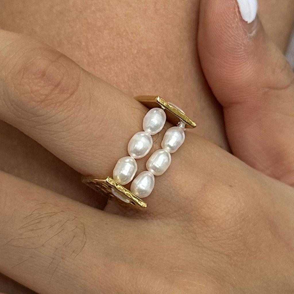 Youthway Double-Layer Freshwater Pearl Stainless Steel Ring For Unisex Gold Color Luxury Daily Jewelry Matching Gift
