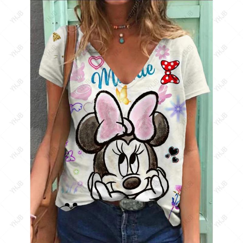 Letní Nové Dámské Tričko Disney Minnie Mickey Mouse Potisk Výstřih do V Krátký Rukáv Blůza Módní Nadměrná Trička Pro Ženy Top