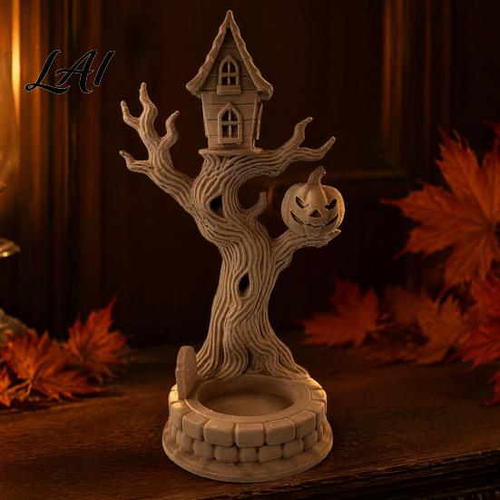 Detailed Resin Style Figurines 3D Printed Halloween Tree House Ornament with Pumpkin Spooky Table Realistic Pumpkin Face Statues Centerpiece,