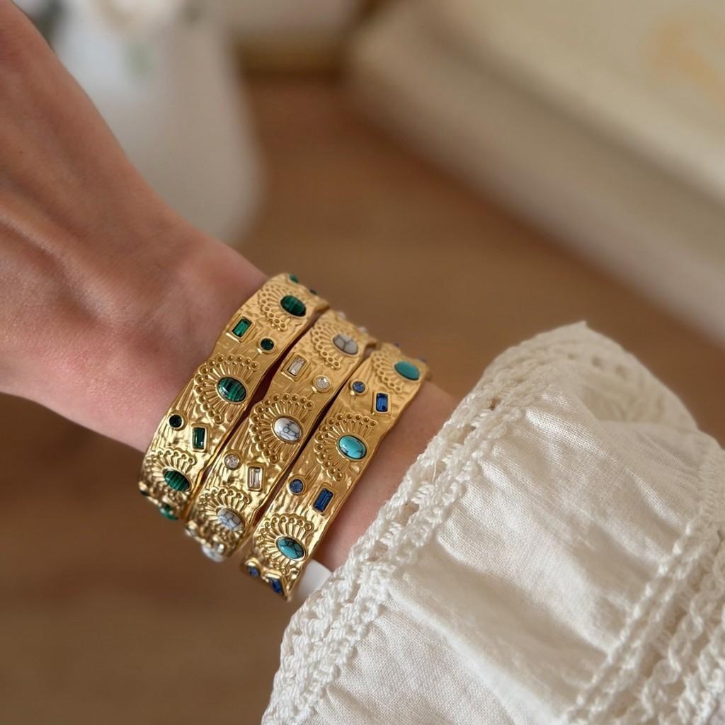Vintage Geometric Turquoise Stainless Steel Adjustable Bracelet With Sparkling Inlay For Women