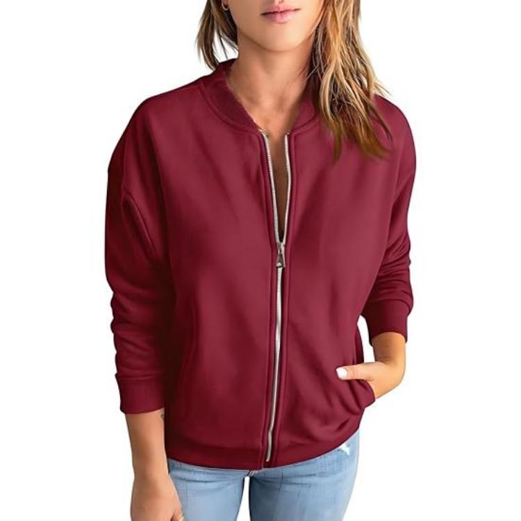 Loose Full Zip Up Jacket with Pockets Women Casual Long Sleeve Outwear Short Sweatshirt for Spring Fall S вино красного 2370₽