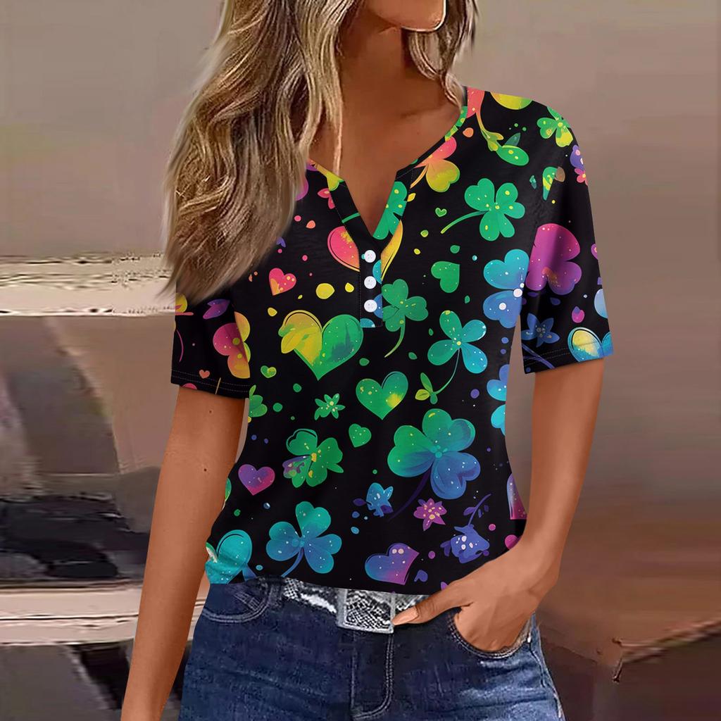 Damen T-Shirt Tee Print Knopf Kurzarm Täglich Wochenende Mode Basic V-Ausschnitt Reguläres Oberteil St. Patrick's Day