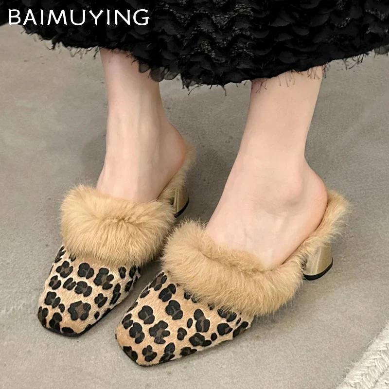 Fur Chunky Women Cotton Slippers Square Toe Short Plush Fad High Heels Mules Shoes 2025 Trend Winter Sexy Pumps Femme Chaussures
