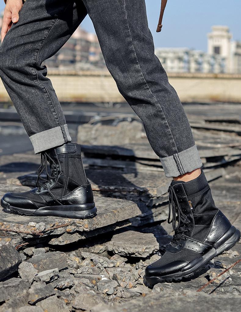 Summer Men's Breathable Combat Boots, High-Top Tactical Desert Boots with Side Zipper, Women's Outdoor Boots, One-Piece Design.