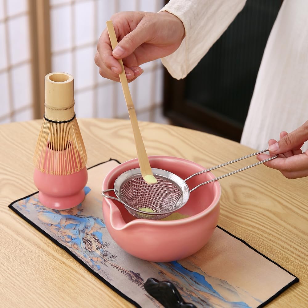 Matcha Set, 7 Pieces, Matcha Bowl with Spout, Whisk, Holder, Bamboo Scoop, Stainless Steel Sifter