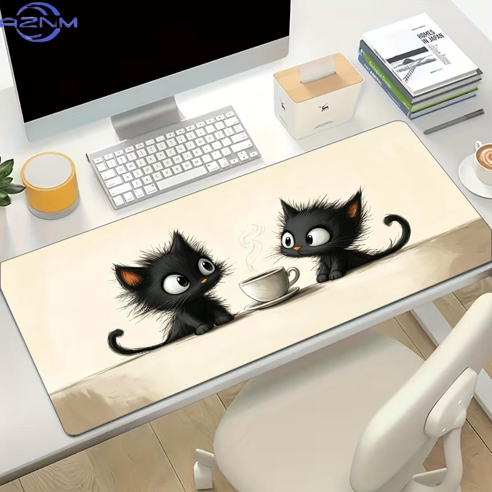 Cute Fluffy Black Cat Print Extended Desk Mat Non Slip Rubber Stitched Edge Gaming Keyboard Table Mat For Office Laptop Gamer