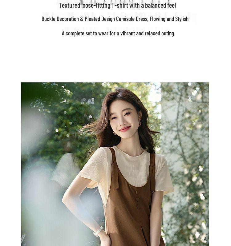 Casual Summer White T-shirt and Strappy Dress Set with Pleated Slimming Design
