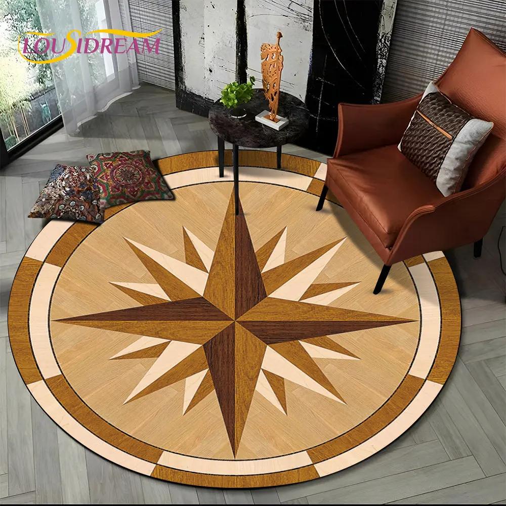 3D Retro Kompass Serie Kreis Teppich,Runder Teppich für Wohnzimmer Schlafzimmer Sofa Fußmatte Dekor Rutschfeste Bodenmatte Geschenk
