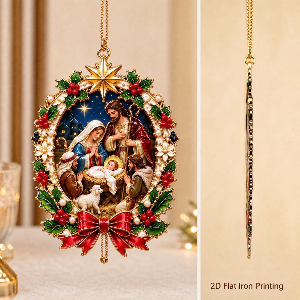 Christmas Scene Hanging Ornament, 2D Flat Wall Decor with Double-Sided Print for Holiday Home Display