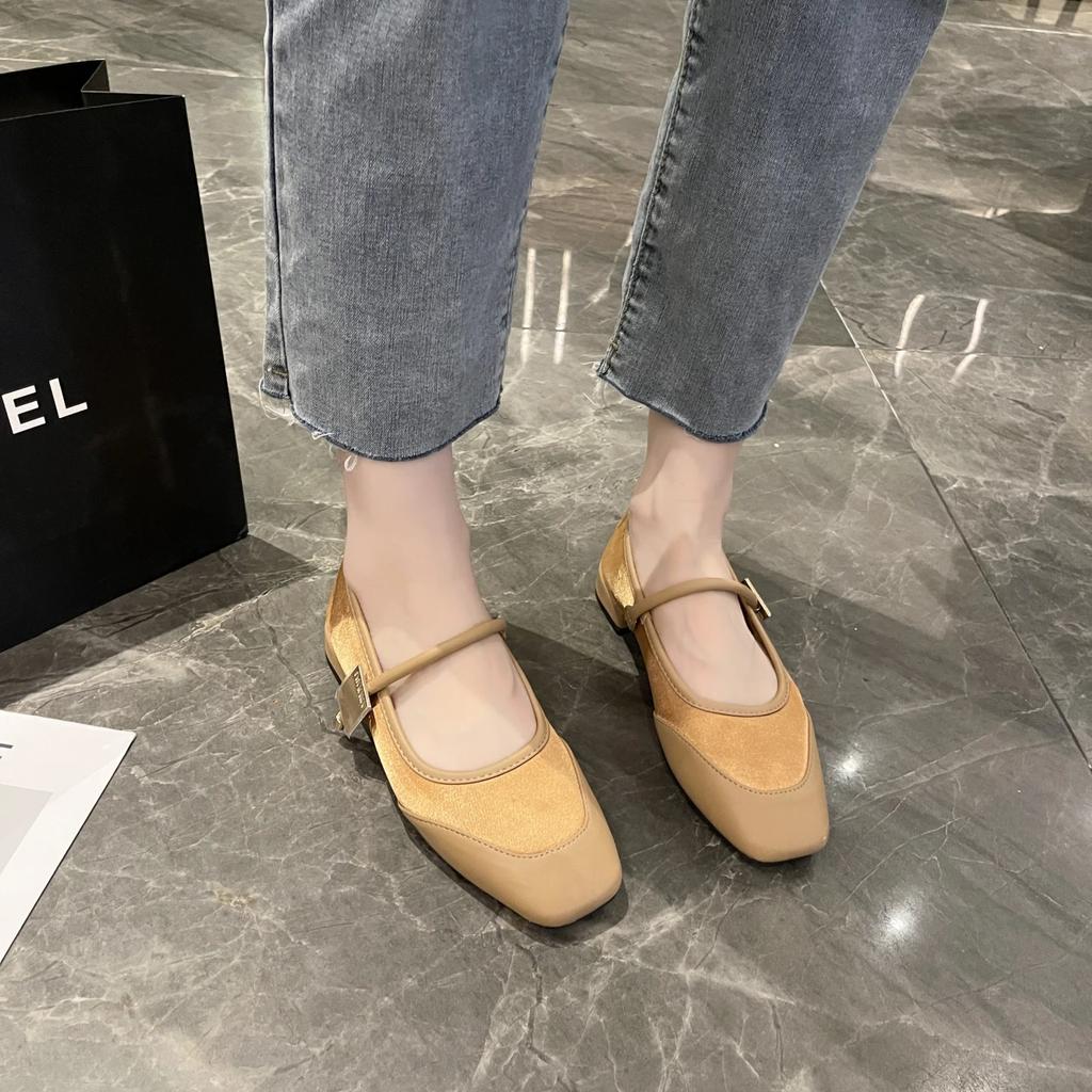 2024 Fashion Flats Women Genuine Cow Leather Cloth Square Toe Metal Decoration Patchwork Ladies Shoes Handmade