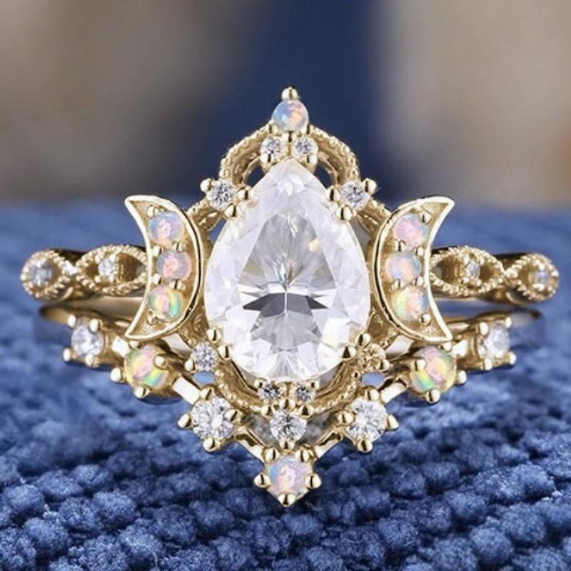 

European and American new fashion star and moon shape zircon inlaid luxury personalized women s ring 6&Gold-color белый