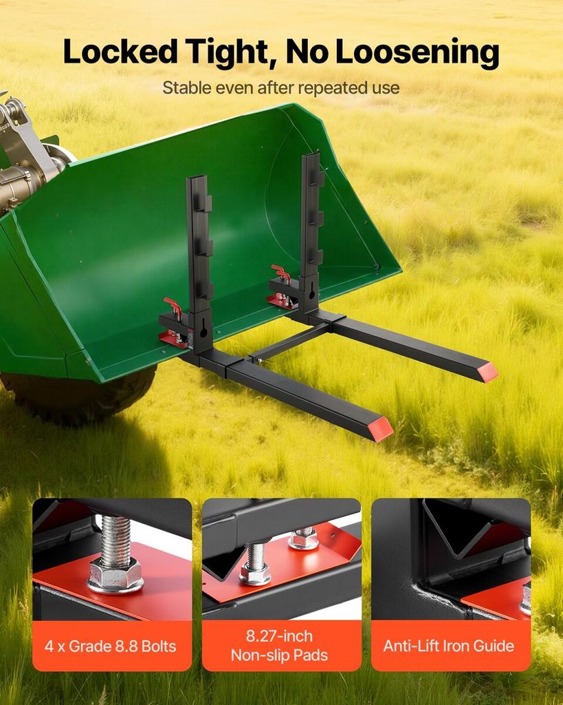 Pallet Forks, 1814 Kg Clamp On Pallet Forks, 149 Cm Total Length Heavy-Duty Tractor Fork with Anti-Tilt Bar & Adjustable Stabilizer Bar, Fit for