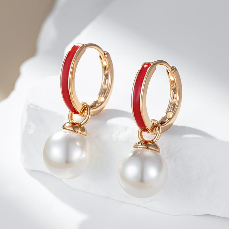 Red Enamel Drop Earrings For Women Unique Geometric  Rose Gold Color Pearl Accessories Daily Fine Jewelry Gift