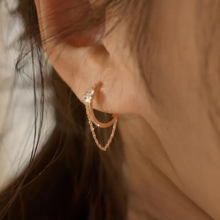 14k Post Glimmer Chain One-Touch Ring Earrings