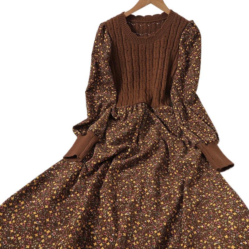 Trendy Autumn/Winter Korean Style Slimming Patchwork Tie-Up Knit Long Dress with Corduroy Floral Print